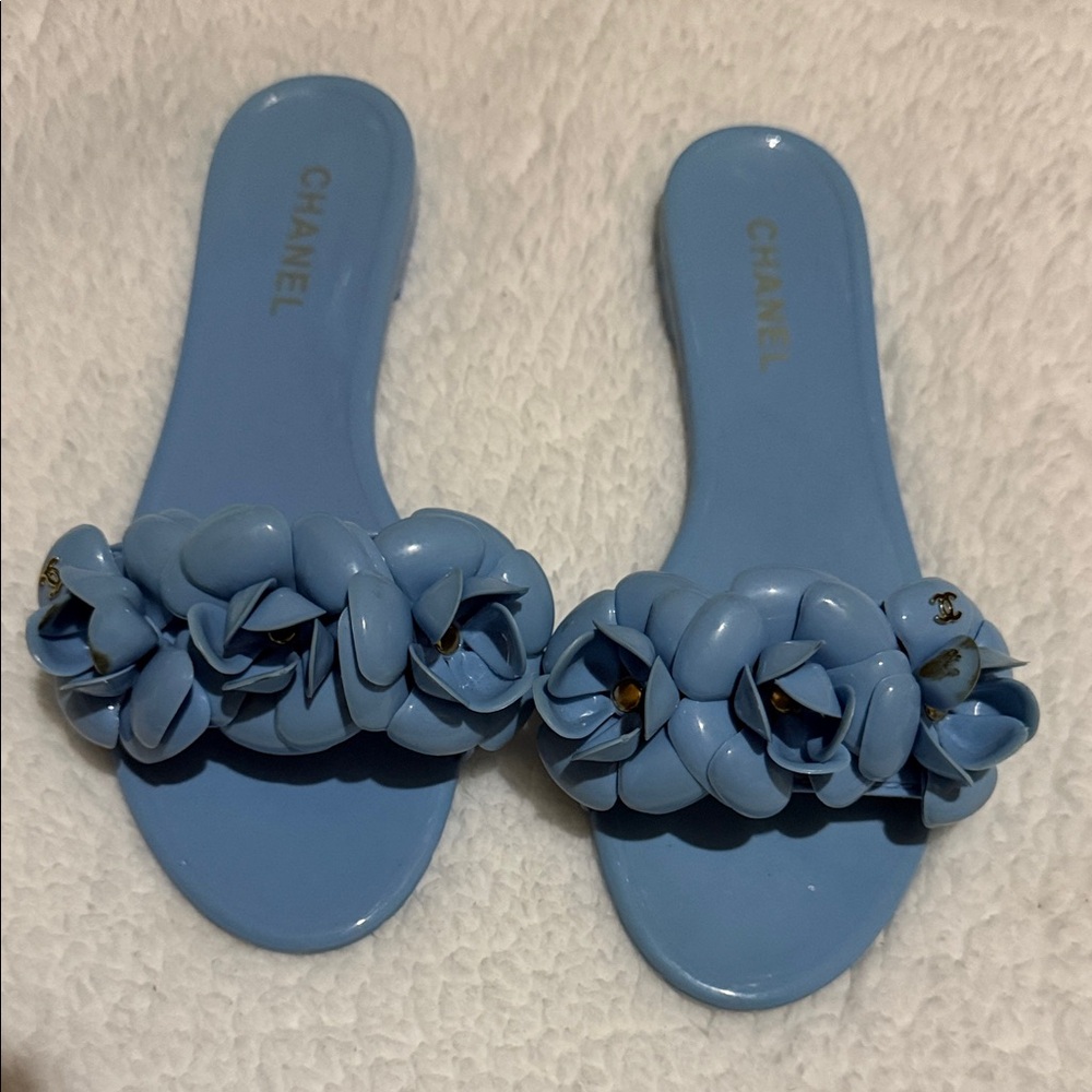 CHANEL Blue Camellia Slide Sandals